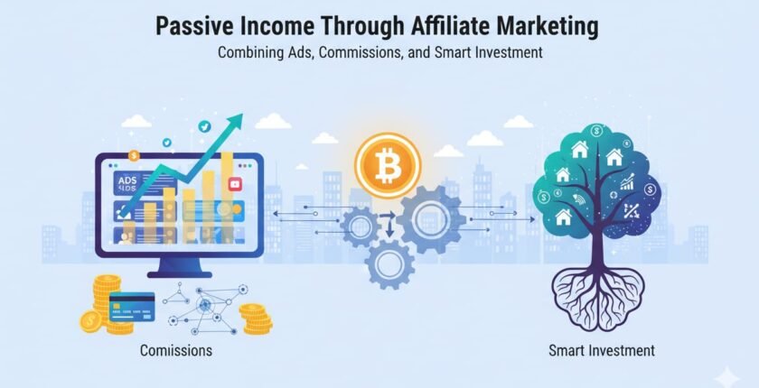 Passive income through affiliate marketing illustration showing ads revenue, affiliate commissions, and smart long-term investment strategies working together to generate income.