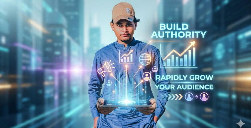 Futuristic feature image illustrating Personal Branding in 2026, showing a professional professional building authority and rapidly growing an online audience using digital tools."